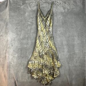 VTG Y2K Cache Midi Dress Women 6 Beaded Velvet Cowl Neck Silk Fairy Indie Sleaze